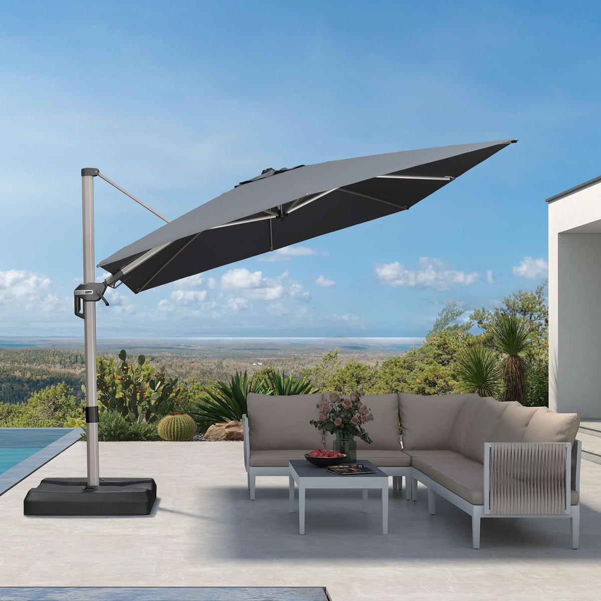 PURPLE LEAF Sombrilla Excéntrica Deluxe, Inclinable a Izquierda y Derecha, Giratoria para Terraza y Jardín