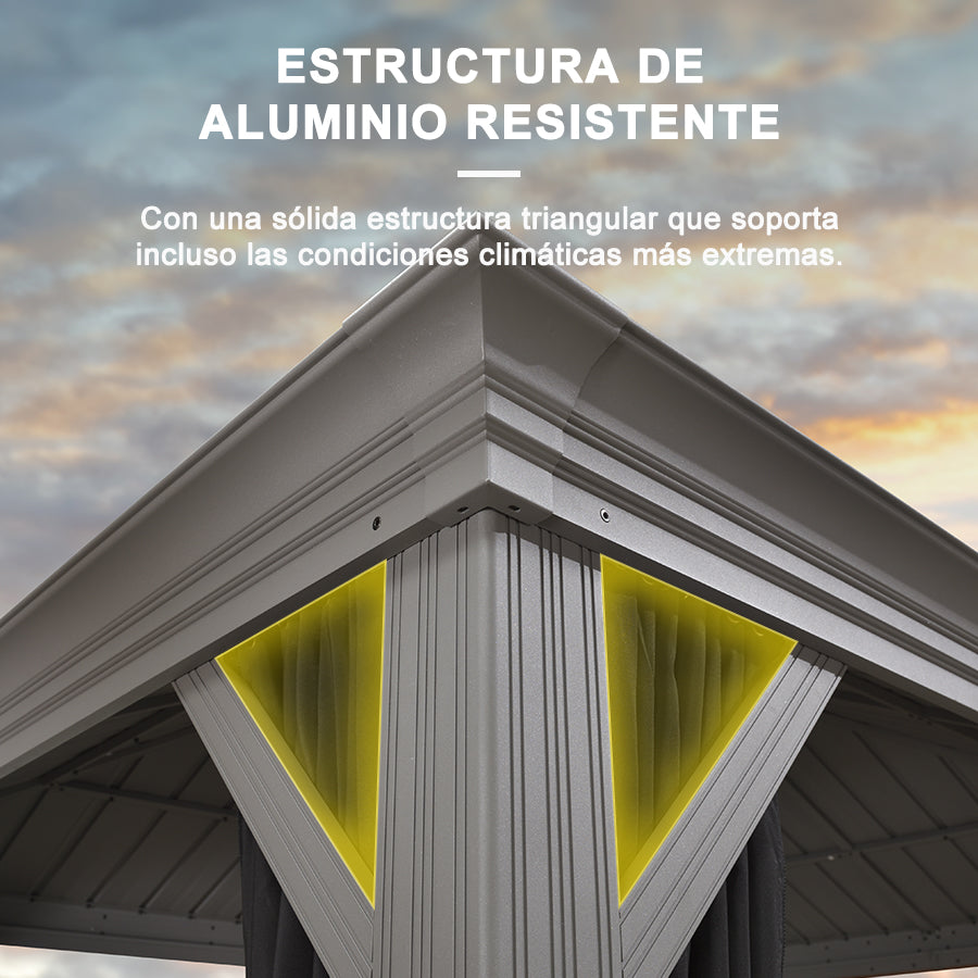 PURPLE LEAF Cenador de Jardín de Aluminio Gris Claro con Luz LED Neutra, Techo de Acero Galvanizado, Cortinas y Mosquiteras