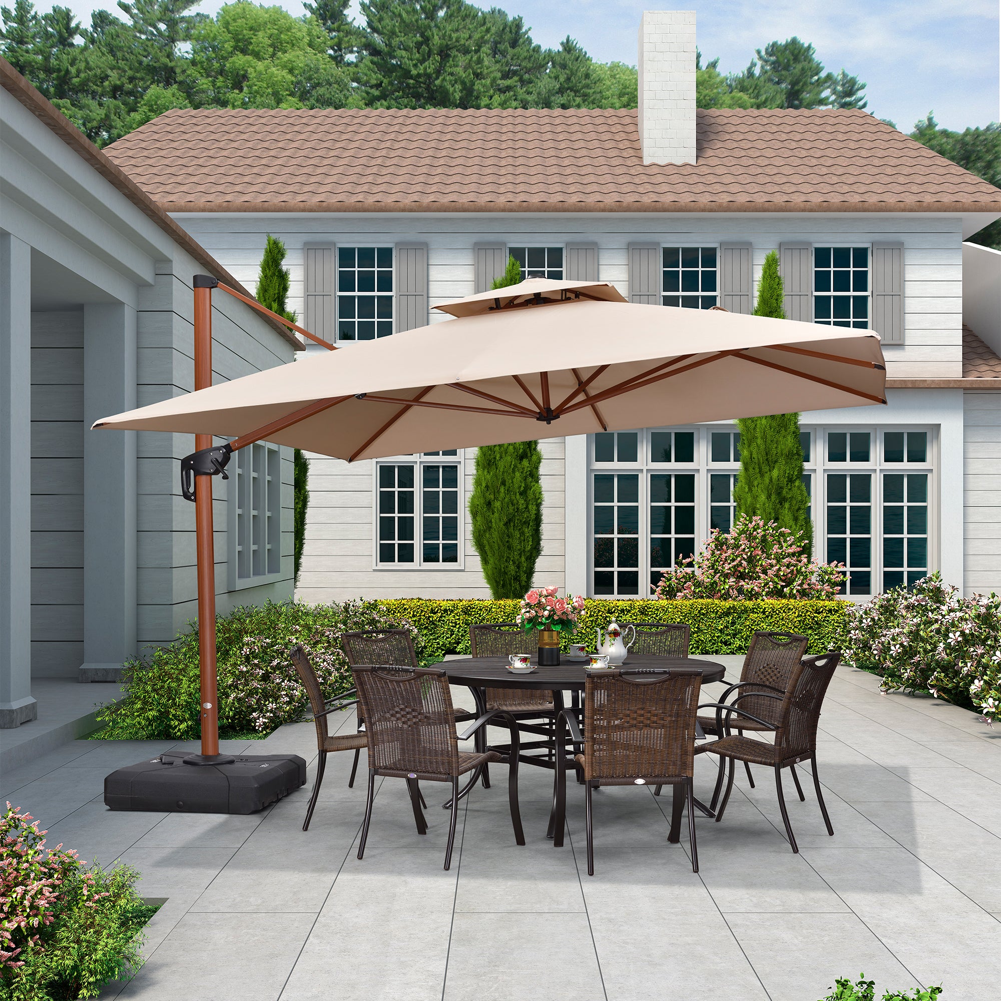 PURPLE LEAF Sombrilla de jardín cuadrada de aluminio efecto madera con doble techo para exteriores