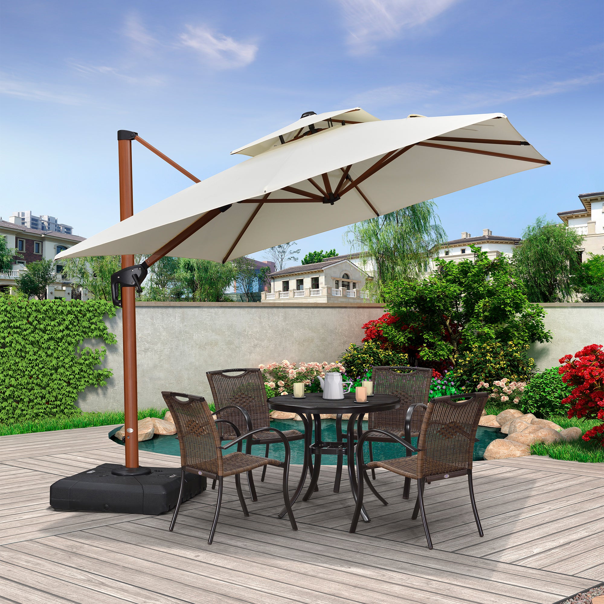 PURPLE LEAF Sombrilla de jardín cuadrada de aluminio efecto madera con doble techo para exteriores