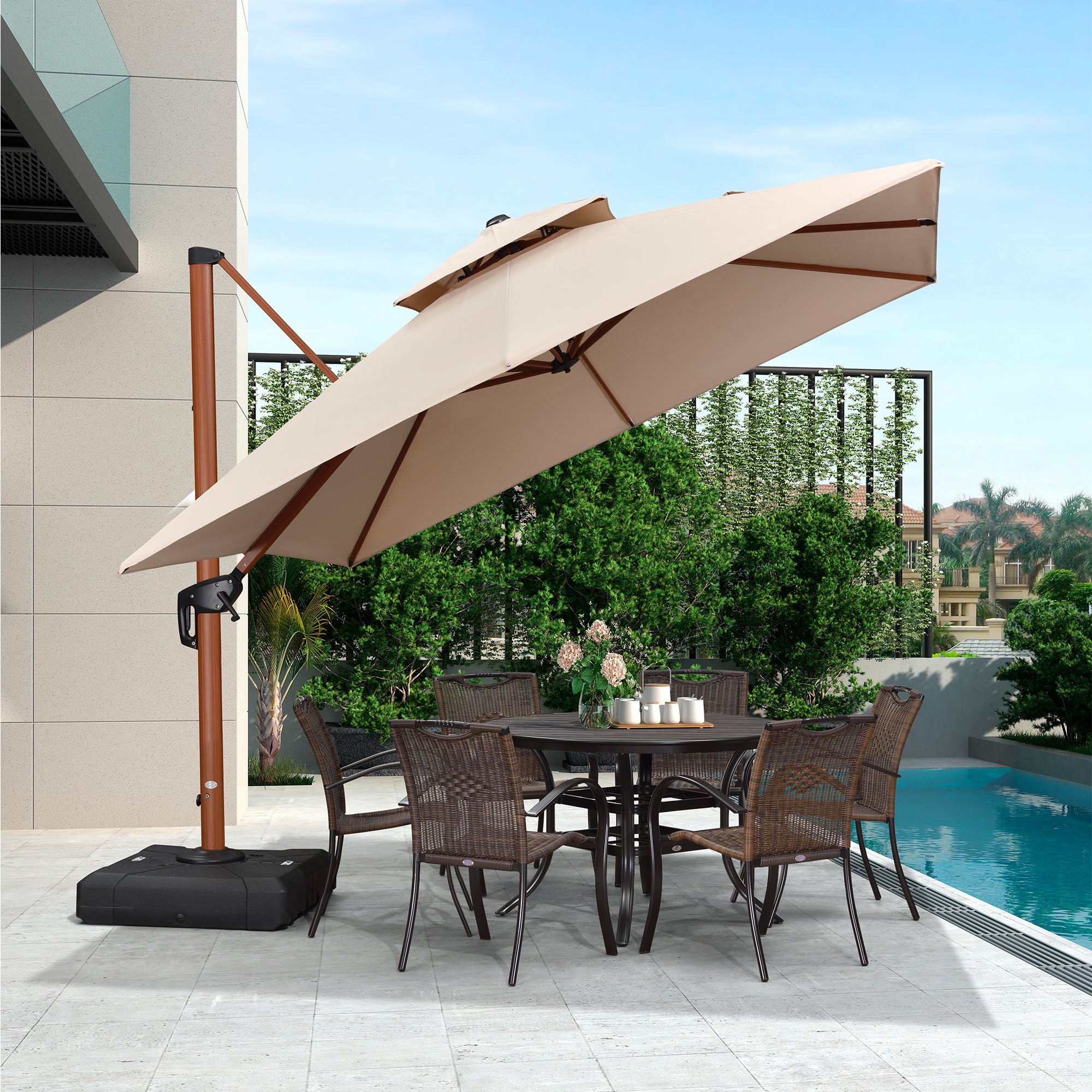 PURPLE LEAF Sombrilla de jardín cuadrada de aluminio efecto madera con doble techo para exteriores