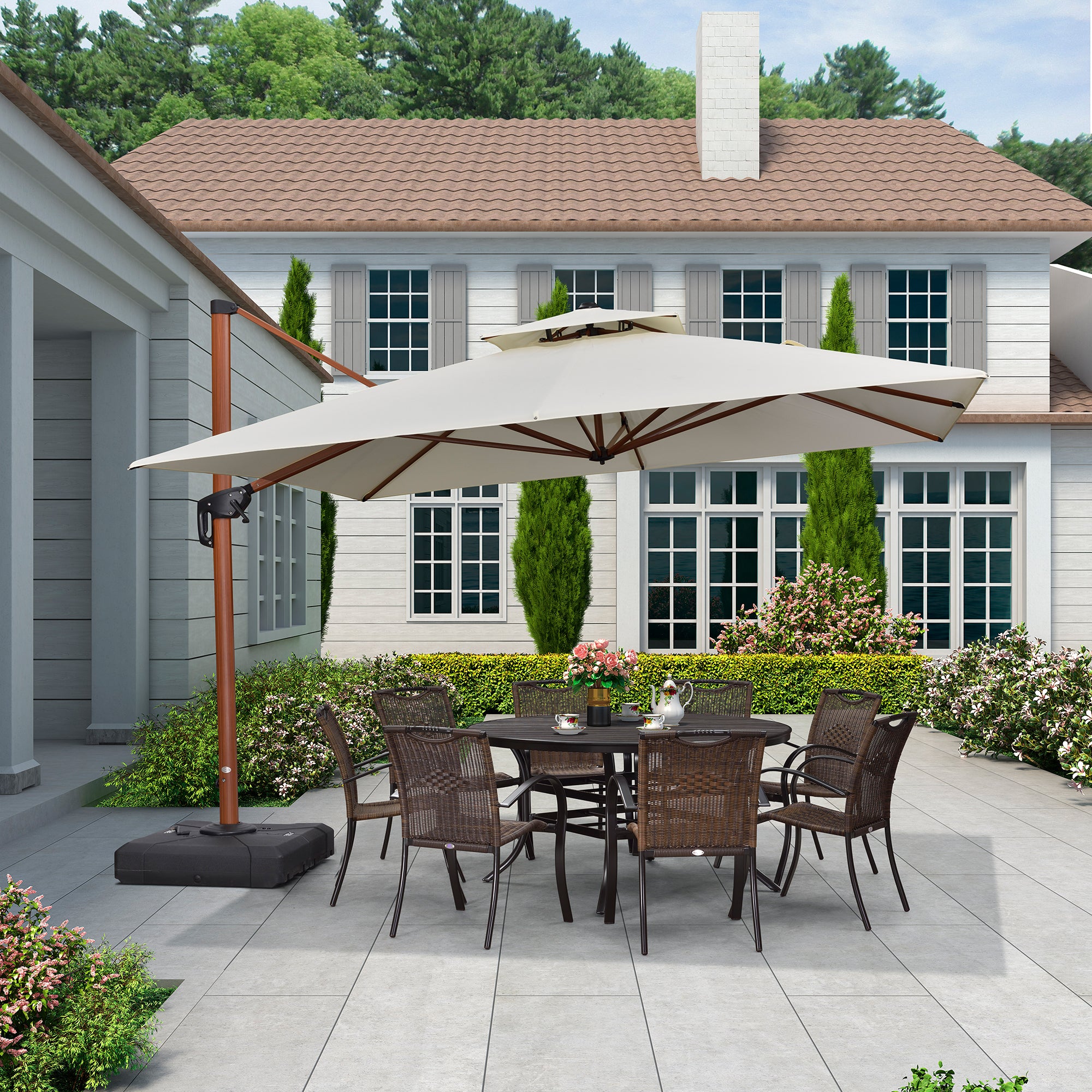 PURPLE LEAF Sombrilla de jardín cuadrada de aluminio efecto madera con doble techo para exteriores