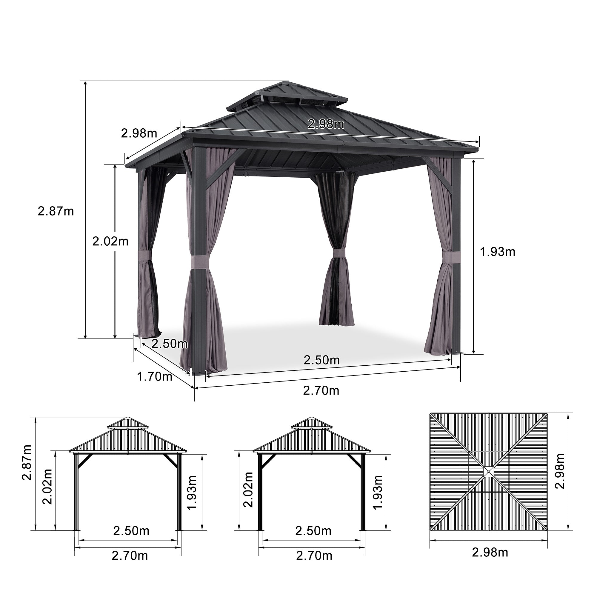 PURPLE LEAF Cenador Estándar Gris con Doble Techo de Acero Galvanizado, Mosquitera y Cortinas