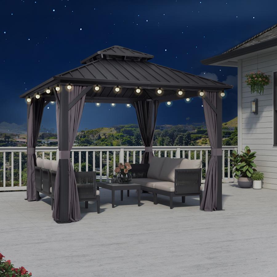Purple Leaf Cenador de Jardín Estándar Gris, Pérgola de Aluminio con Techo de Acero Galvanizado y Luces de Cadena Con Luz Cálida