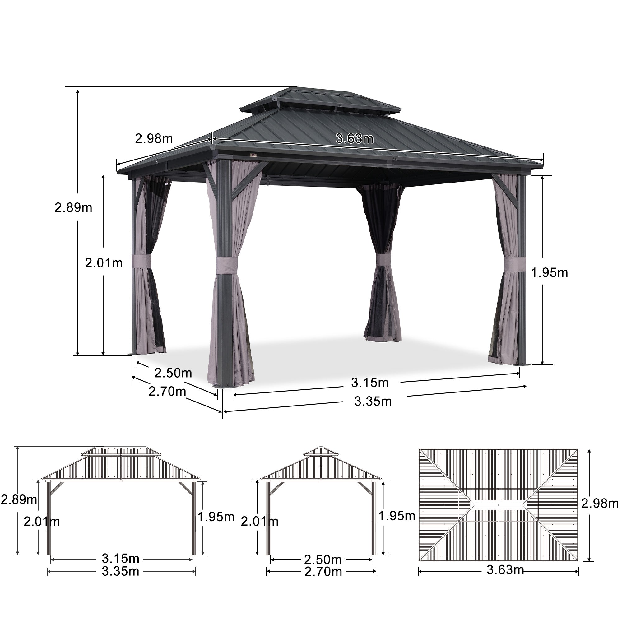 Purple Leaf Cenador de Jardín Estándar Gris, Pérgola de Aluminio con Techo de Acero Galvanizado y Luces de Cadena Con Luz Cálida