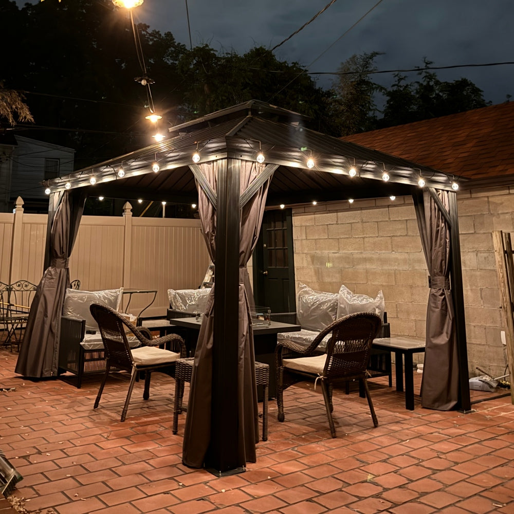 PURPLE LEAF Cenador de Jardín y Terraza de Aluminio con Luz LED Neutra, Techo de Acero Galvanizado, Cortinas y Mosquiteras, Color Gris