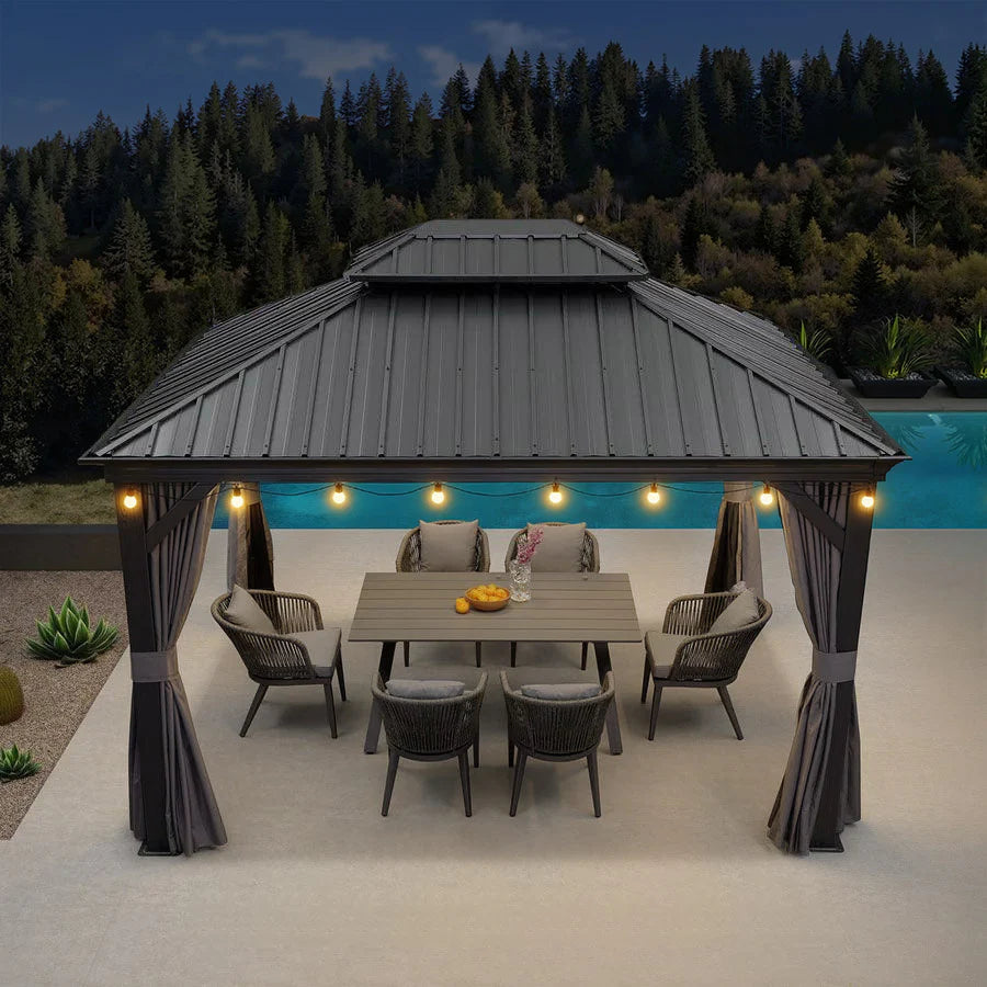 PURPLE LEAF Cenador de Aluminio para Jardín y Terraza con Luz LED Cálida Techo de Acero Galvanizado Cortinas y Mosquiteras Gris