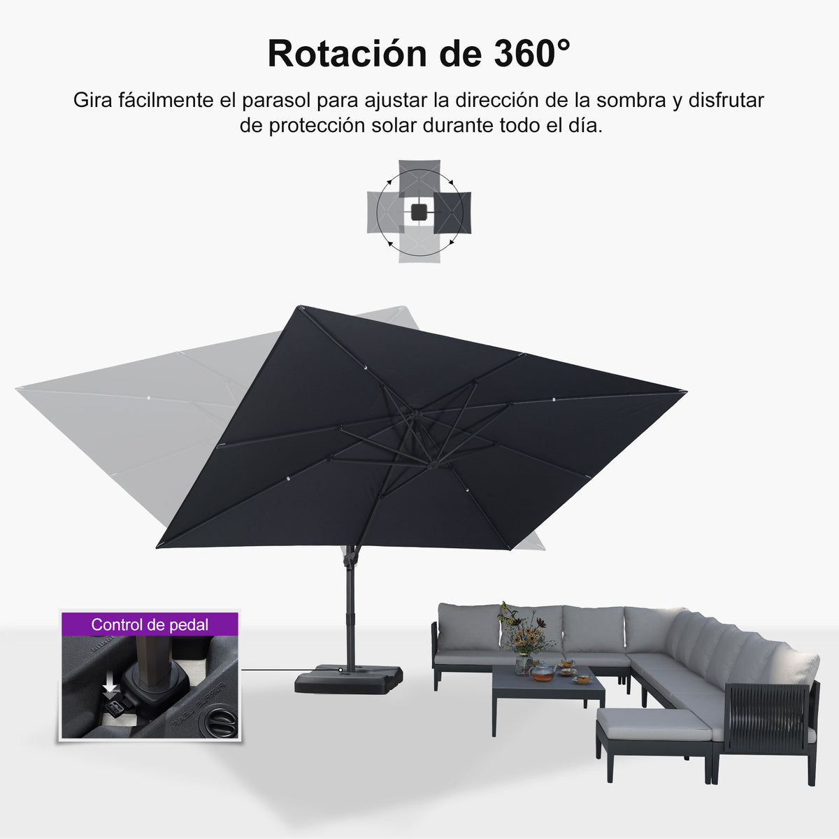PURPLE LEAF Sombrilla Excéntrica Reclinable con Inclinación Ajustable para Jardín y Terraza