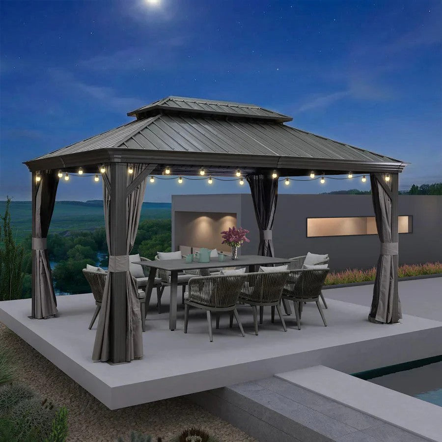 PURPLE LEAF Cenador de Aluminio para Jardín y Terraza con Luz LED Cálida Techo de Acero Galvanizado Cortinas y Mosquiteras Gris