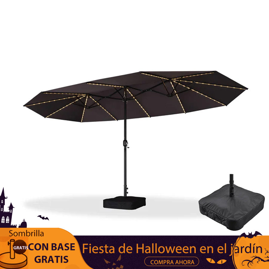 PURPLE LEAF Sombrilla de doble cara con iluminación LED con base incluida para exteriores