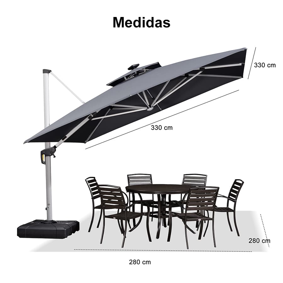 PURPLE LEAF Sombrilla cuadrada de doble cubierta con luces LED solares, ideal para jardín y terraza