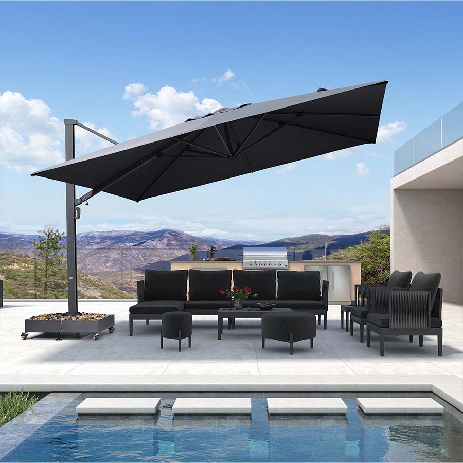 PURPLE LEAF Sombrilla Exterior Extra Grande con Base, Parasol Colgante de Aluminio de Alta Resistencia al Viento, Set Completo para Terraza, Jardín y Hostelería