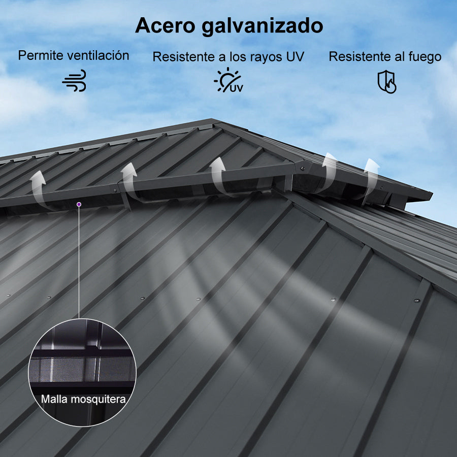 PURPLE LEAF Cenador de Jardín y Terraza de Aluminio con Luz LED Neutra, Techo de Acero Galvanizado, Cortinas y Mosquiteras, Color Gris