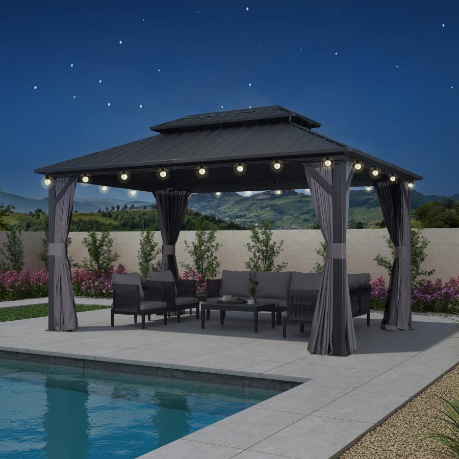 Purple Leaf Cenador de Jardín Estándar Gris, Pérgola de Aluminio con Techo de Acero Galvanizado y Luces de Cadena Con Luz Cálida