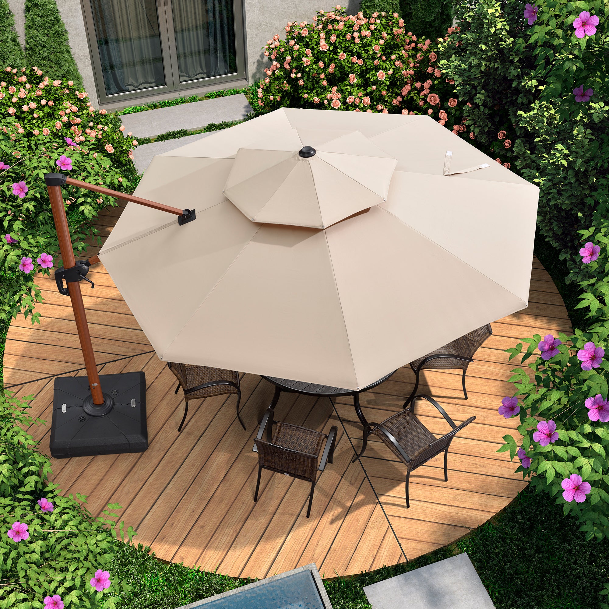 PURPLE LEAF Sombrilla Redonda de Jardín con Doble Techo y Acabado en Madera