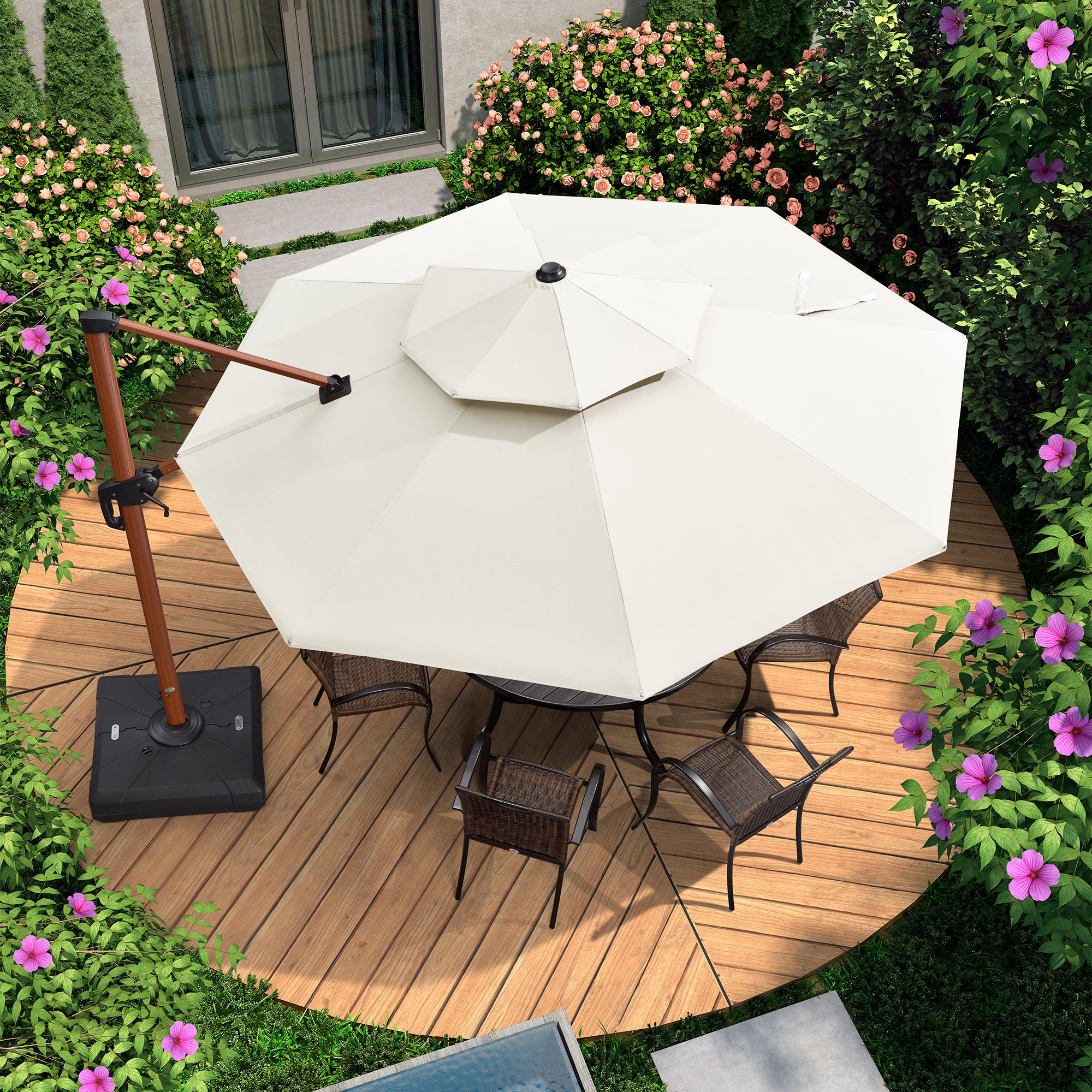 PURPLE LEAF Sombrilla Redonda de Jardín con Doble Techo y Acabado en Madera