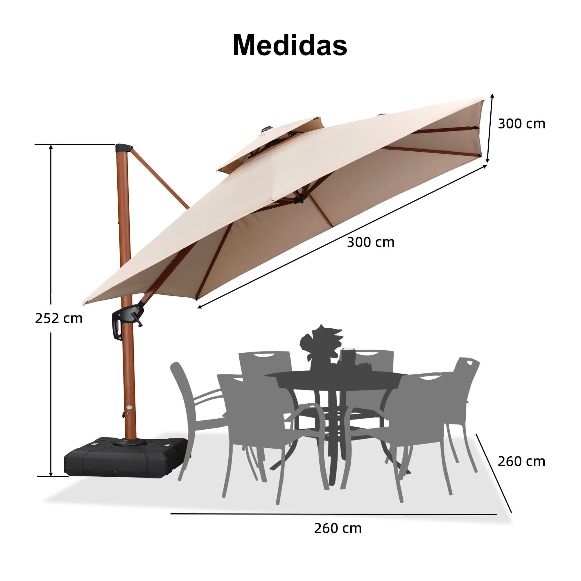 PURPLE LEAF Sombrilla de jardín cuadrada de aluminio efecto madera con doble techo para exteriores