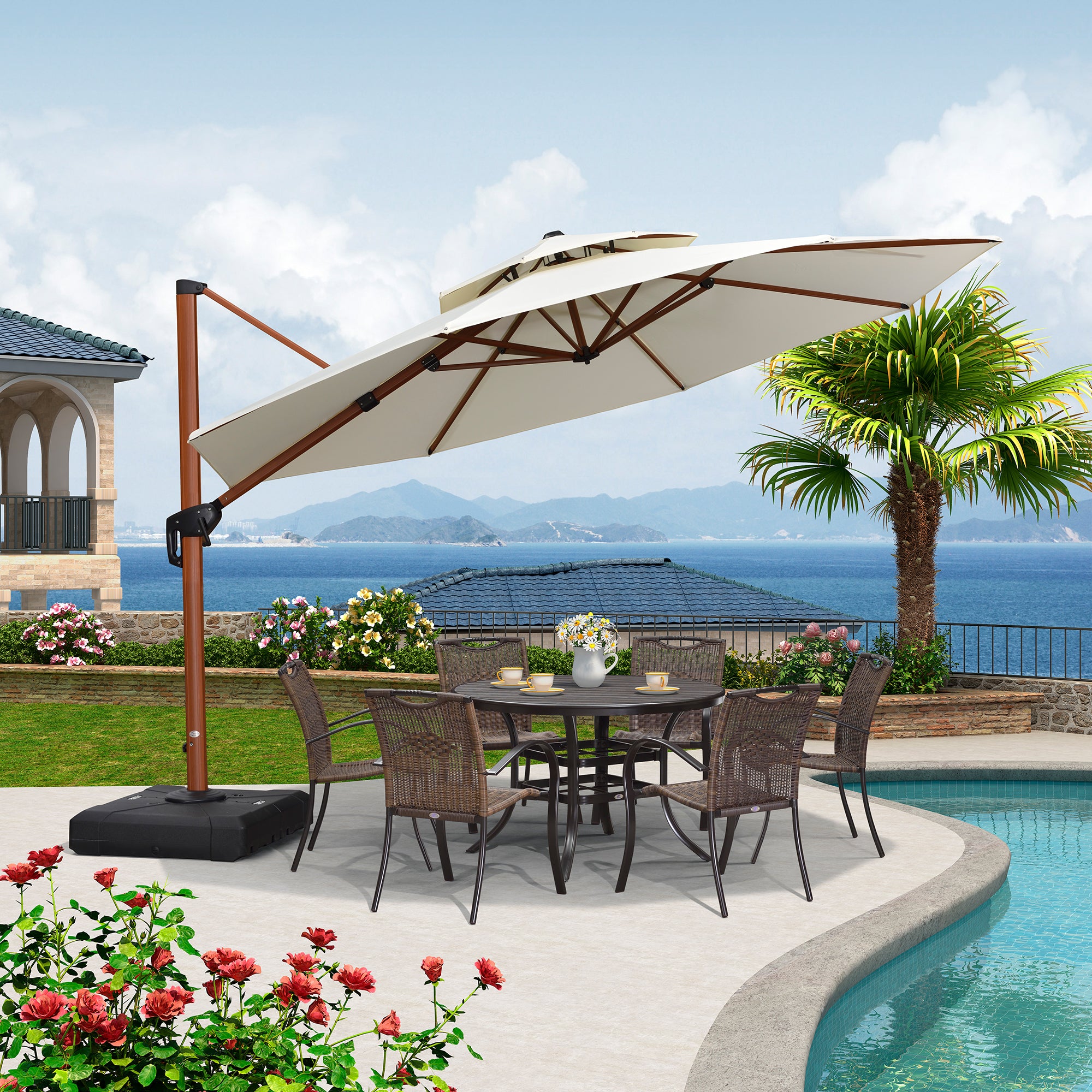 PURPLE LEAF Sombrilla Redonda de Jardín con Doble Techo y Acabado en Madera