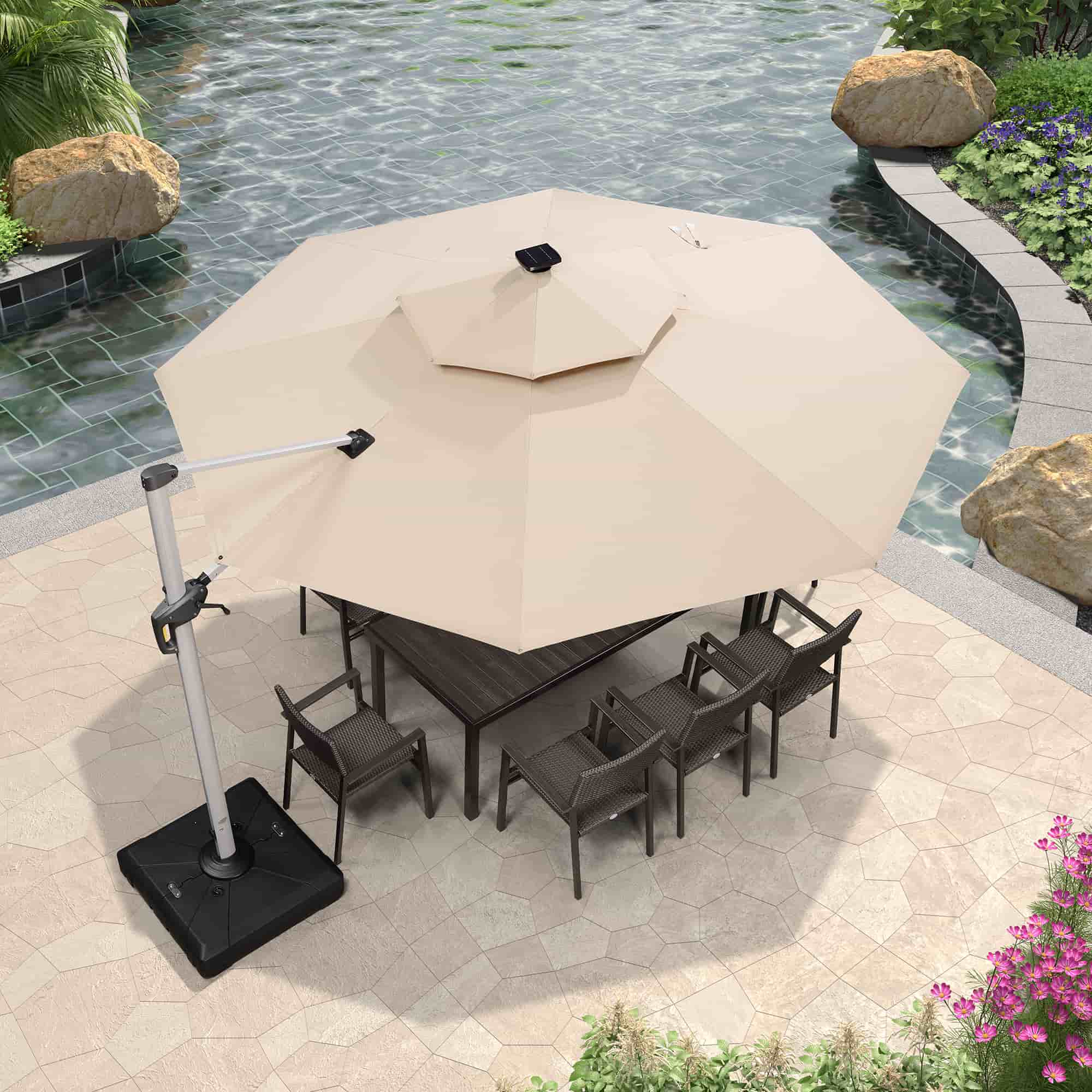 PURPLE LEAF Sombrilla excéntrico redondo con luces LED solares y rotación de 360°, ideal para jardín y terraza