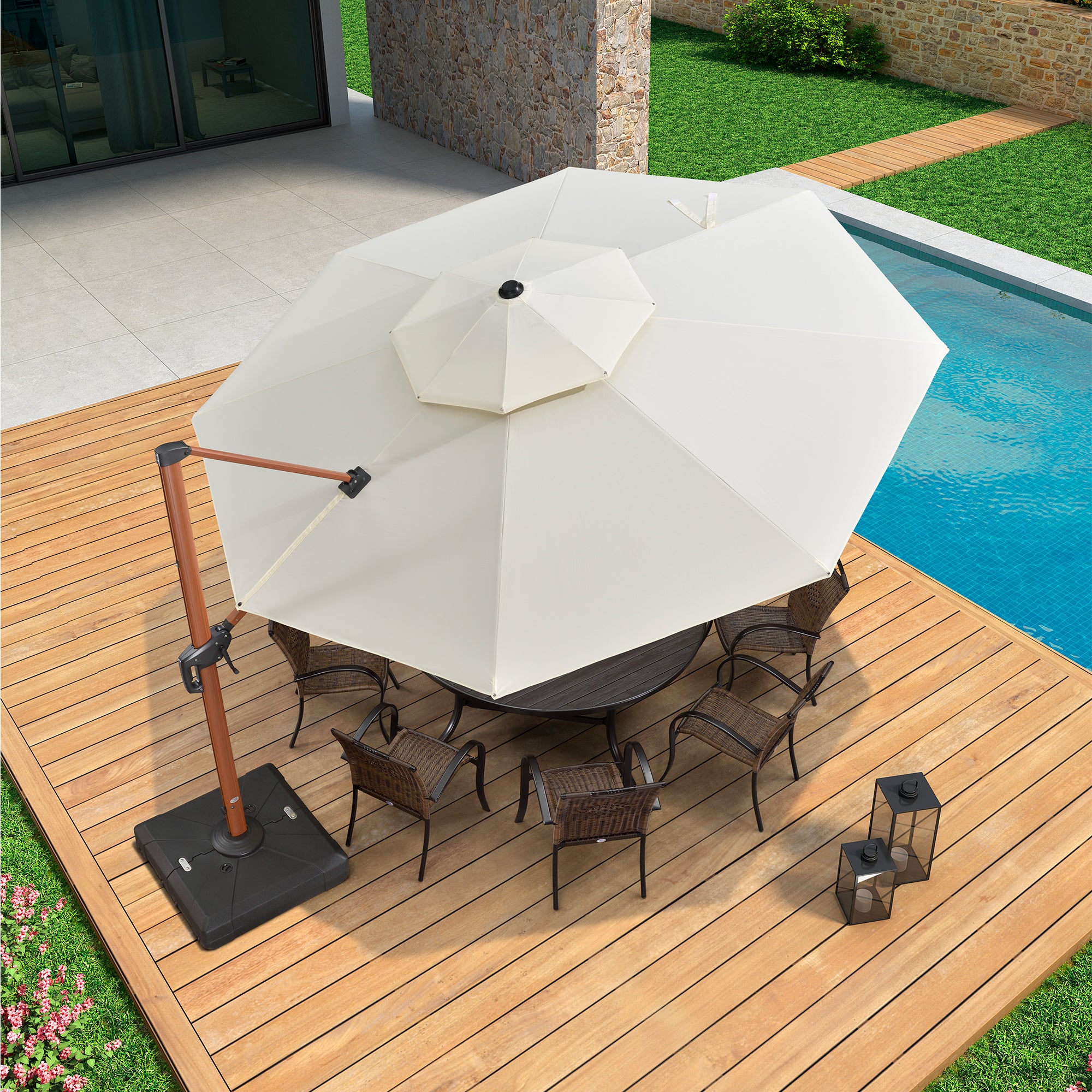 PURPLE LEAF Sombrilla Redonda de Jardín con Doble Techo y Acabado en Madera