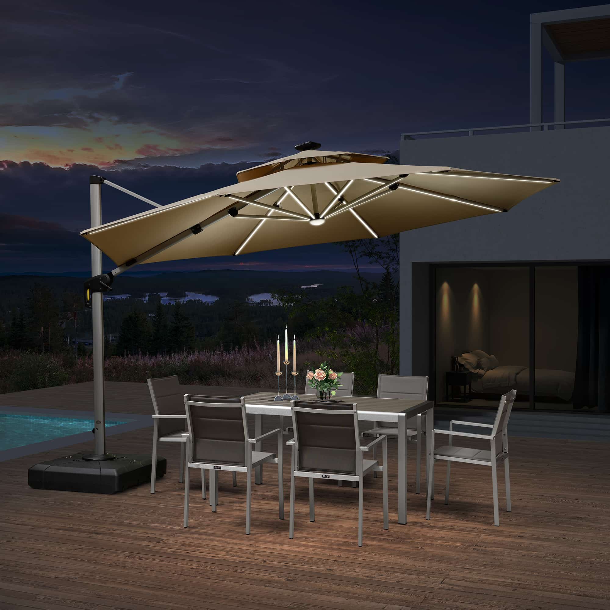 PURPLE LEAF Sombrilla excéntrico redondo con luces LED solares y rotación de 360°, ideal para jardín y terraza