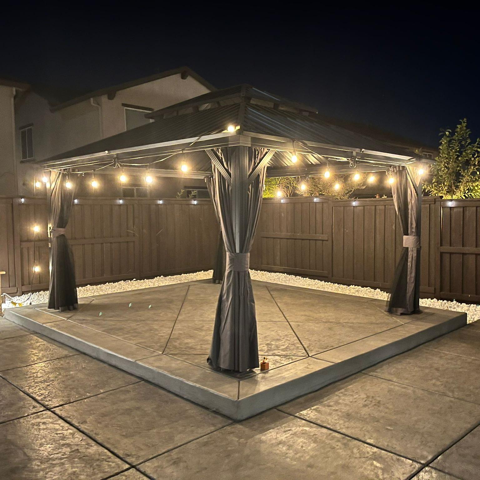 PURPLE LEAF Cenador de Jardín Gris con Techo Rígido de Acero Galvanizado, Mosquitera, Cortinas y Luces LED neutras