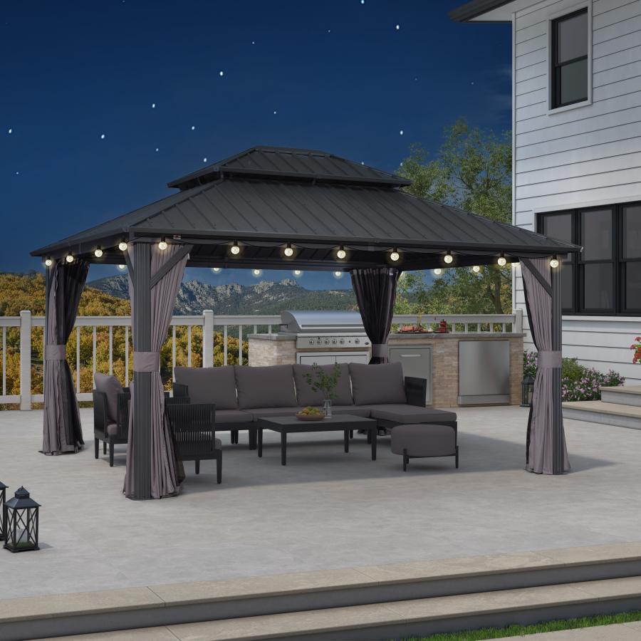 Purple Leaf Cenador de Jardín Estándar Gris, Pérgola de Aluminio con Techo de Acero Galvanizado y Luces de Cadena Con Luz Cálida