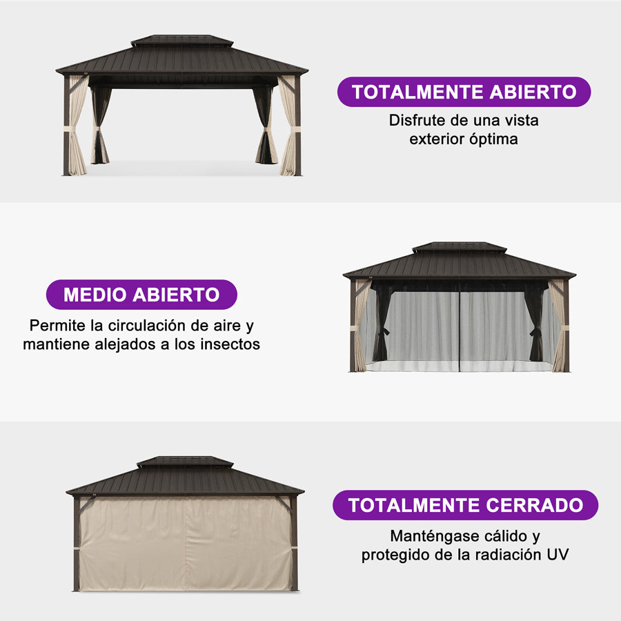 PURPLE LEAF Cenador de Jardín y Terraza de Aluminio Color Bronce con Techo de Acero Galvanizado, Cortinas y Mosquiteras - Sin Luz