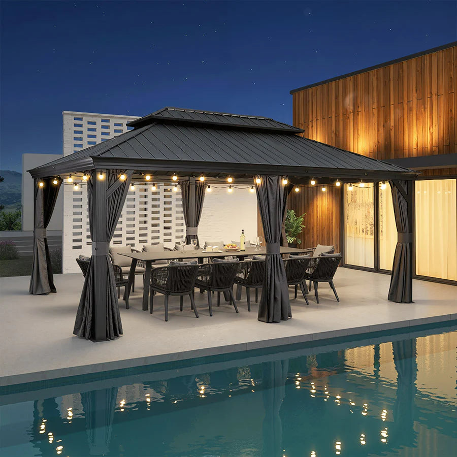 PURPLE LEAF Cenador de Aluminio para Jardín y Terraza con Luz LED Cálida Techo de Acero Galvanizado Cortinas y Mosquiteras Gris