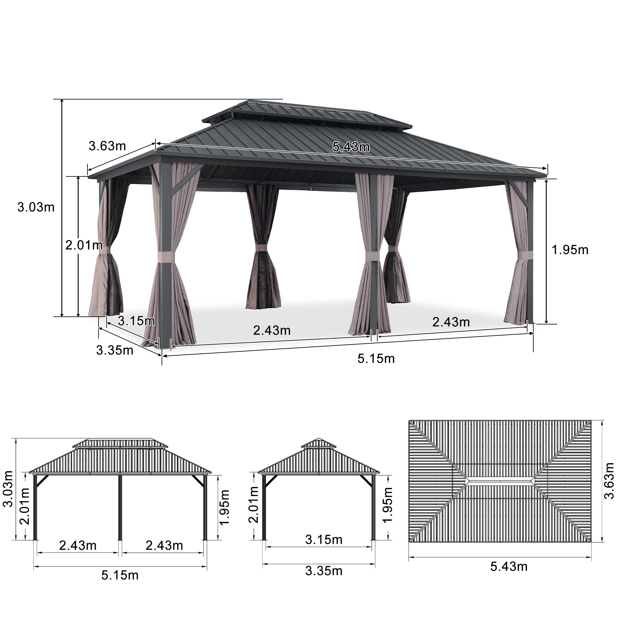 Purple Leaf Cenador de Jardín Estándar Gris, Pérgola de Aluminio con Techo de Acero Galvanizado y Luces de Cadena Con Luz Cálida