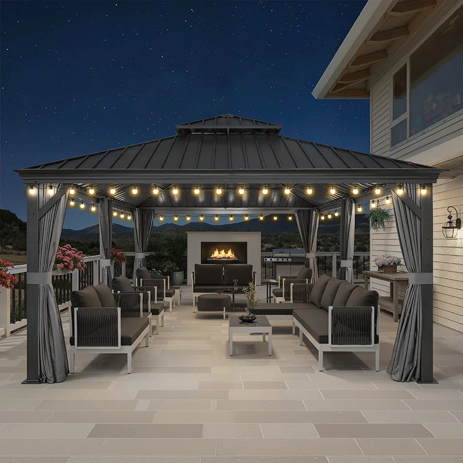 PURPLE LEAF Cenador de Aluminio para Jardín y Terraza con Luz LED Cálida Techo de Acero Galvanizado Cortinas y Mosquiteras Gris