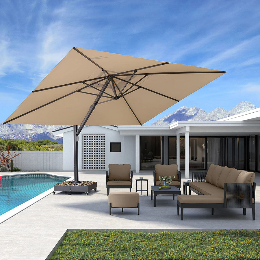 PURPLE LEAF Sombrilla Exterior Extra Grande con Base, Parasol Colgante de Aluminio de Alta Resistencia al Viento, Set Completo para Terraza, Jardín y Hostelería