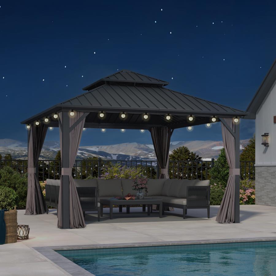 Purple Leaf Cenador de Jardín Estándar Gris, Pérgola de Aluminio con Techo de Acero Galvanizado y Luces de Cadena Con Luz Cálida