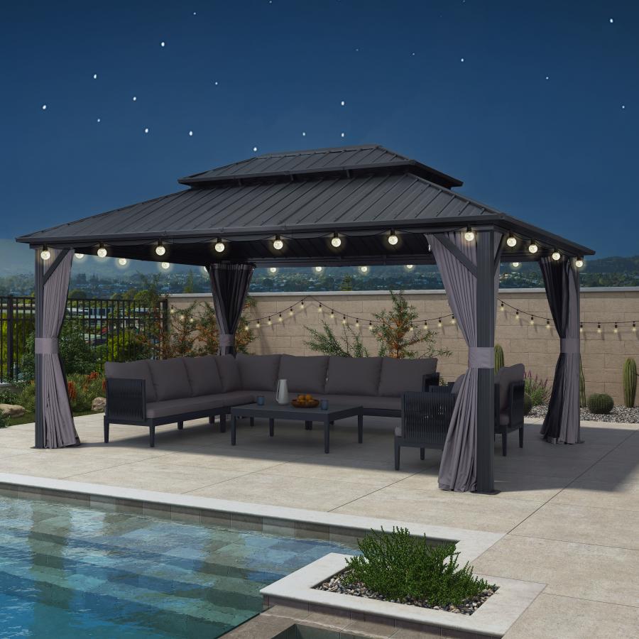 Purple Leaf Cenador de Jardín Estándar Gris, Pérgola de Aluminio con Techo de Acero Galvanizado y Luces de Cadena Con Luz Cálida