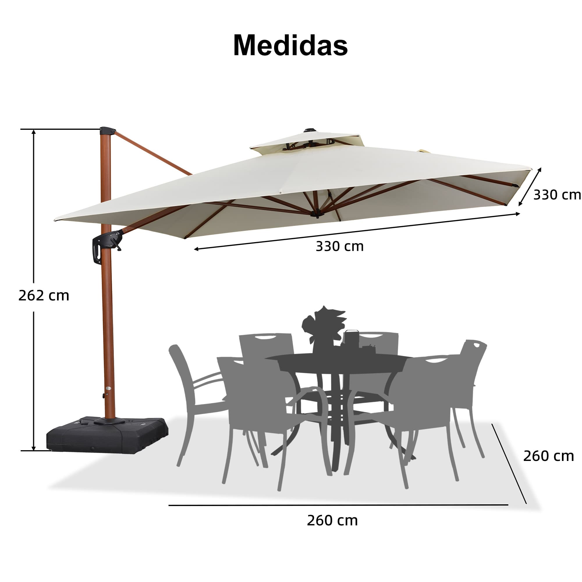 PURPLE LEAF Sombrilla de jardín cuadrada de aluminio efecto madera con doble techo para exteriores