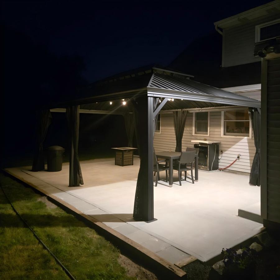 PURPLE LEAF Cenador de Jardín y Terraza de Aluminio con Luz LED Neutra, Techo de Acero Galvanizado, Cortinas y Mosquiteras, Color Gris