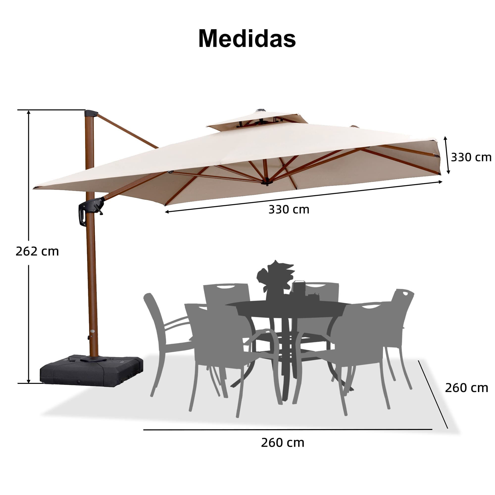 PURPLE LEAF Sombrilla de jardín cuadrada de aluminio efecto madera con doble techo para exteriores