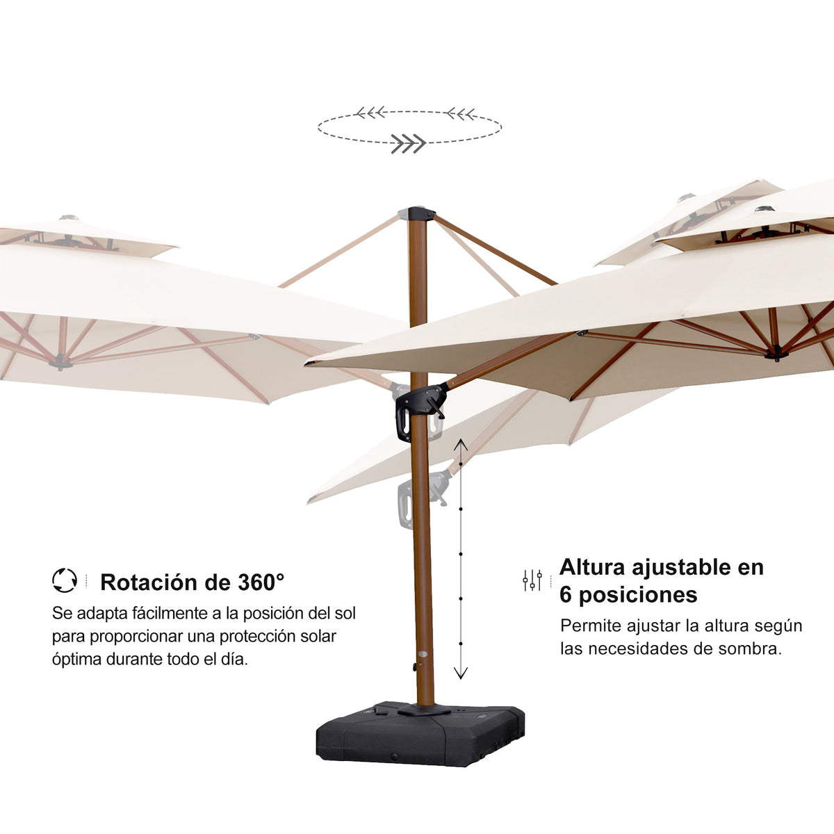 PURPLE LEAF Sombrilla de jardín cuadrada de aluminio efecto madera con doble techo para exteriores