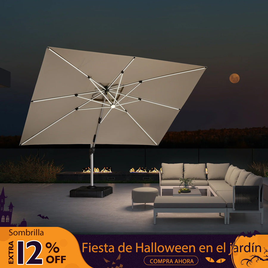 PURPLE LEAF Sombrilla rectangular de doble techo de aluminio con luces LED, ideal para balcón y jardín