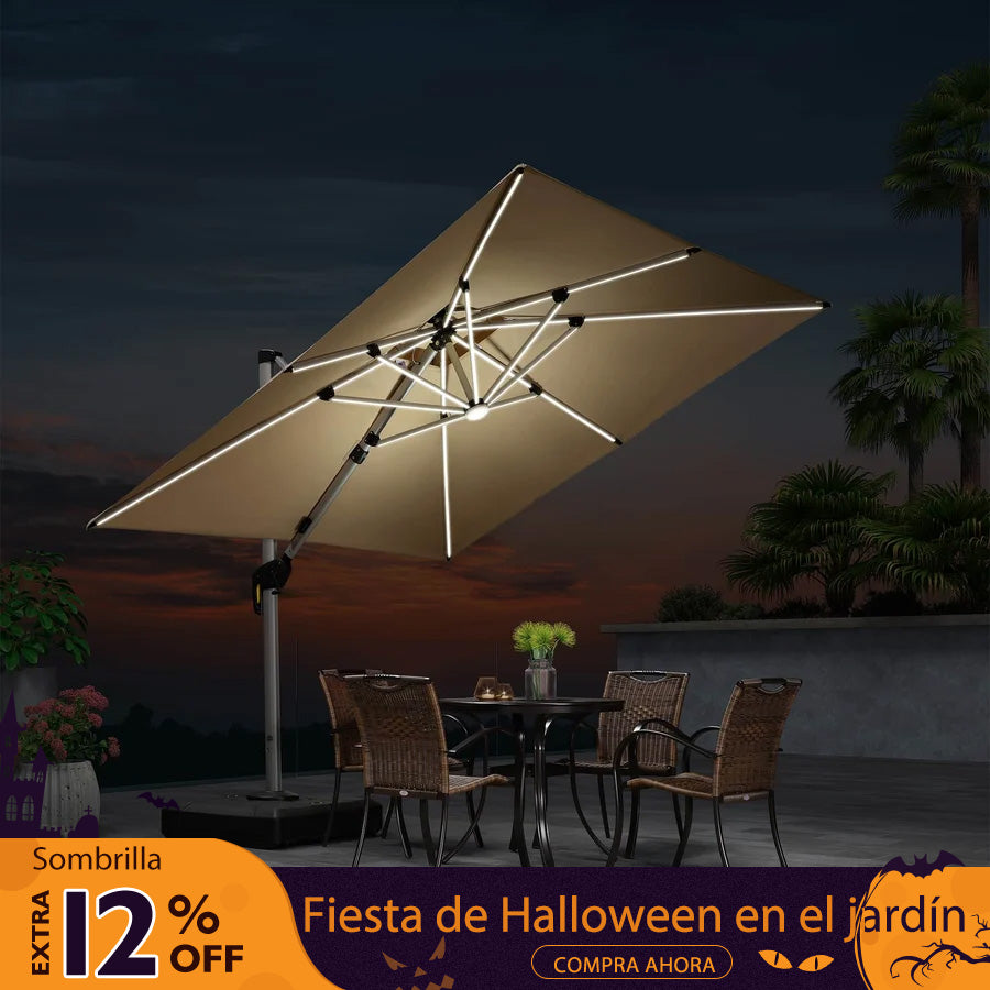 PURPLE LEAF Sombrilla cuadrada de doble cubierta con luces LED solares, ideal para jardín y terraza