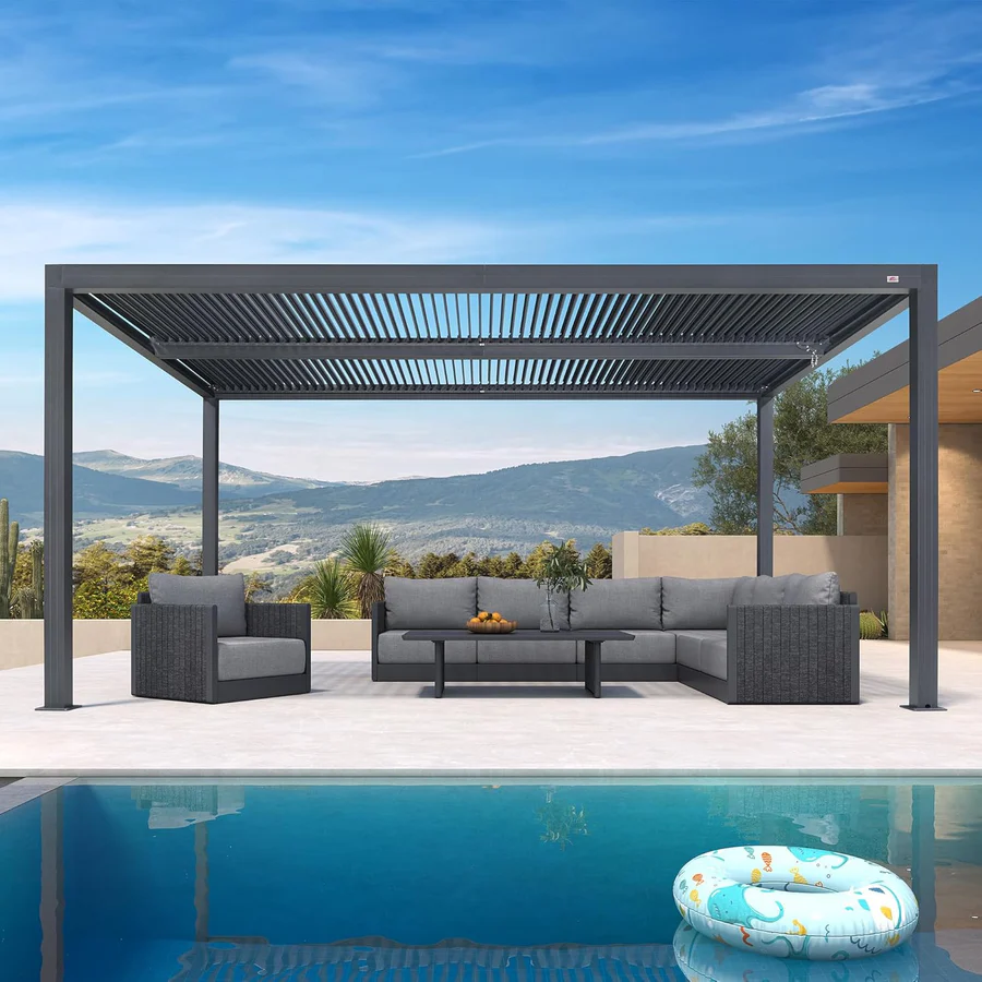 PURPLE LEAF Pergola Bioclimatica Pergola de Aluminio con Lamas Orientables Cenador de Jardin Impermeable para Terraza Exterior Garaje Gris Antracita