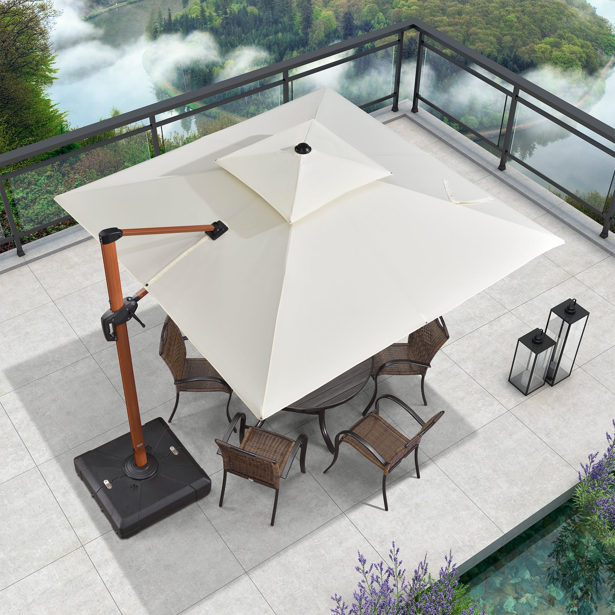 PURPLE LEAF Sombrilla de jardín cuadrada de aluminio efecto madera con doble techo para exteriores