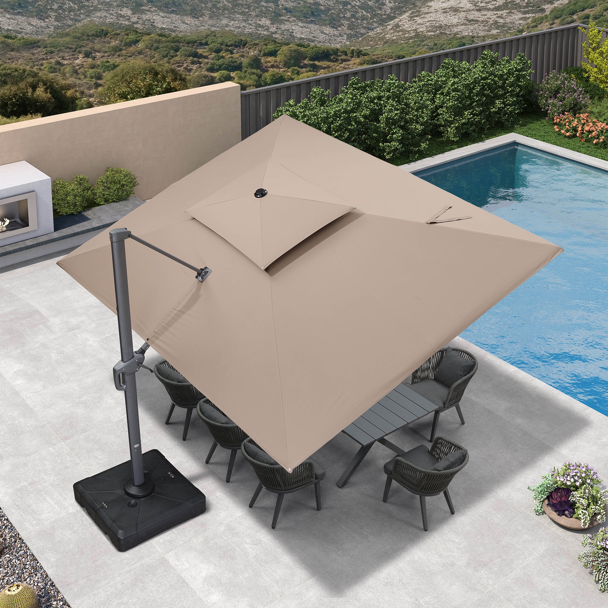 PURPLE LEAF Sombrilla Giratoria 360° con Marco en Gris Negro, Disponible en Diseño Cuadrado o Rectangular para Jardín y Terraza