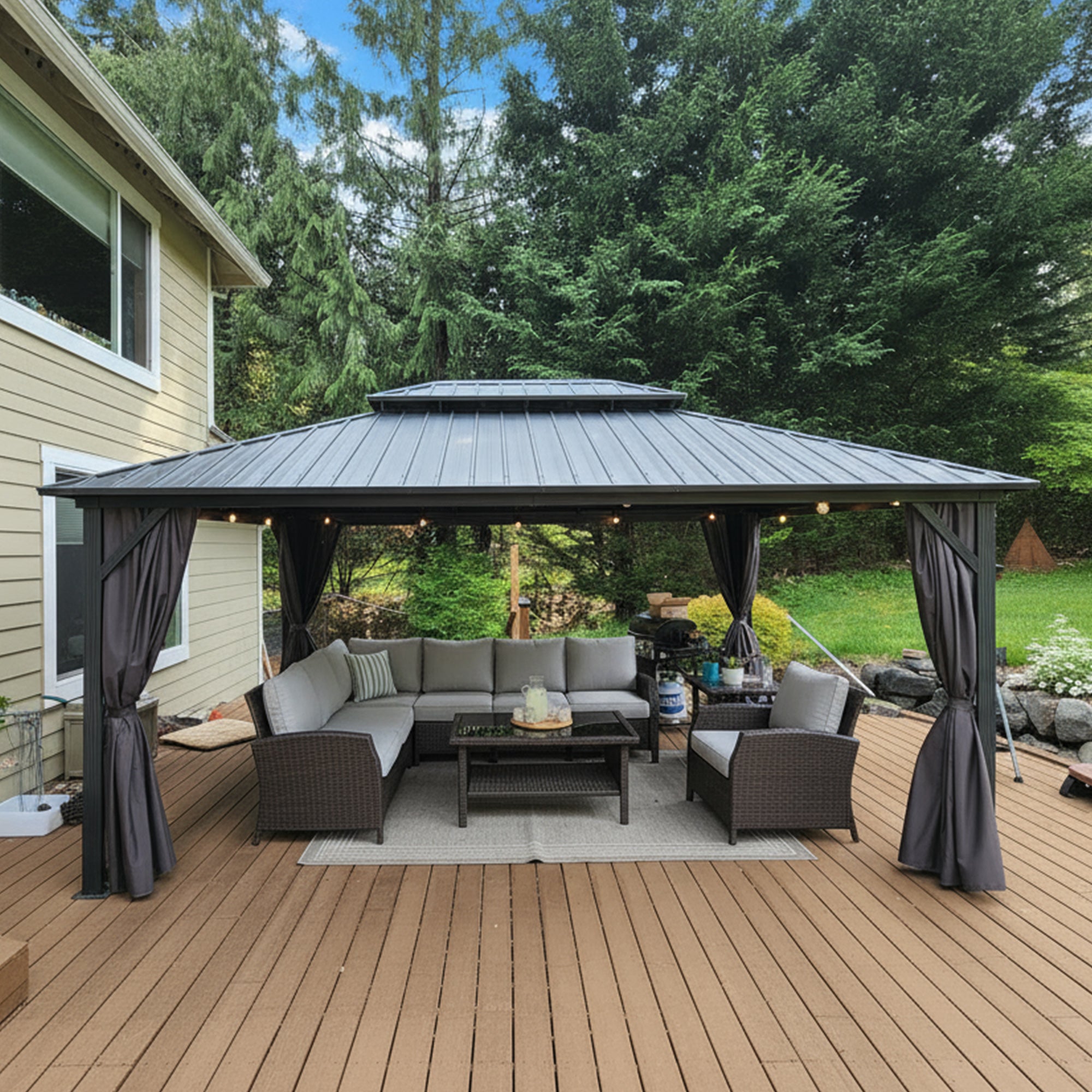 Purple Leaf Cenador de Jardín Estándar Gris, Pérgola de Aluminio con Techo de Acero Galvanizado y Luces de Cadena Con Luz Cálida