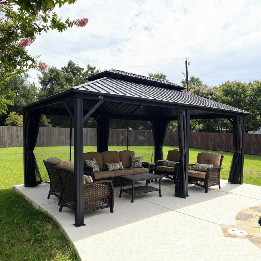 Purple Leaf Cenador de Jardín Estándar Gris, Pérgola de Aluminio con Techo de Acero Galvanizado y Luces de Cadena Con Luz Cálida