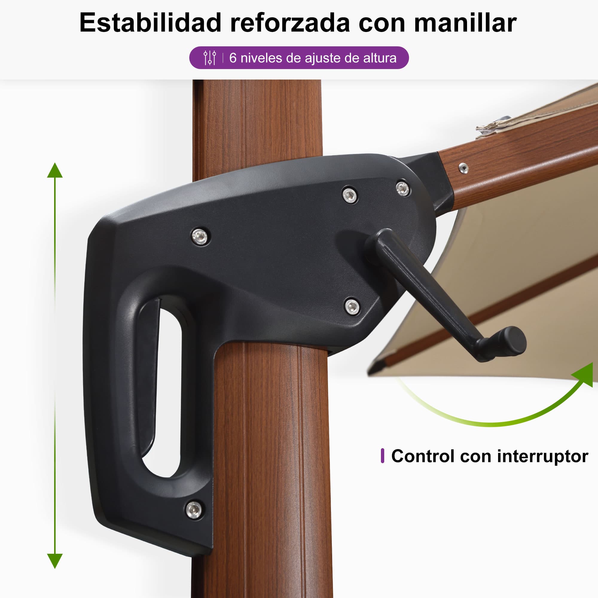 PURPLE LEAF Sombrilla de jardín cuadrada de aluminio efecto madera con doble techo para exteriores