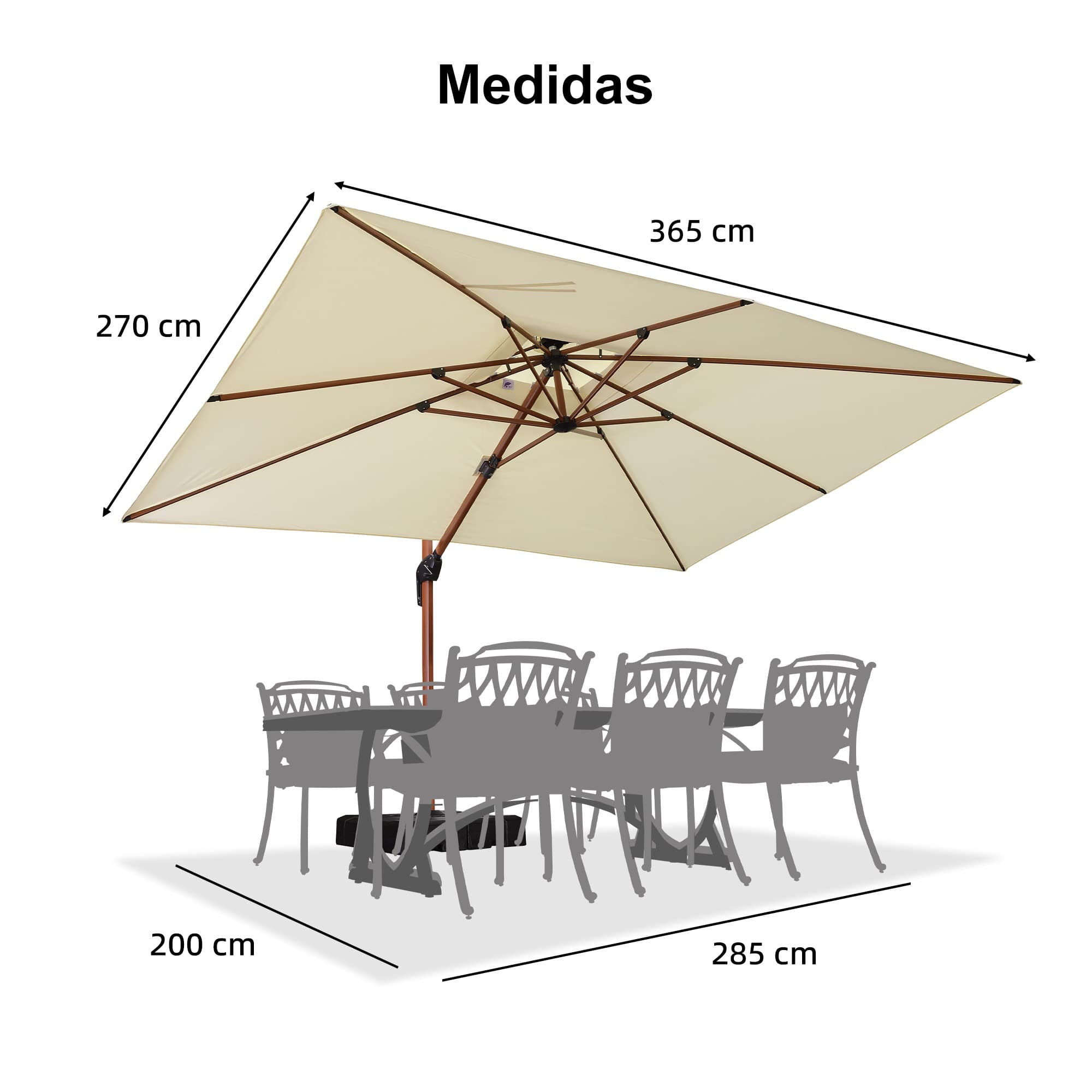 PURPLE LEAF Sombrilla de jardín cuadrada de aluminio con doble techo y acabado en madera