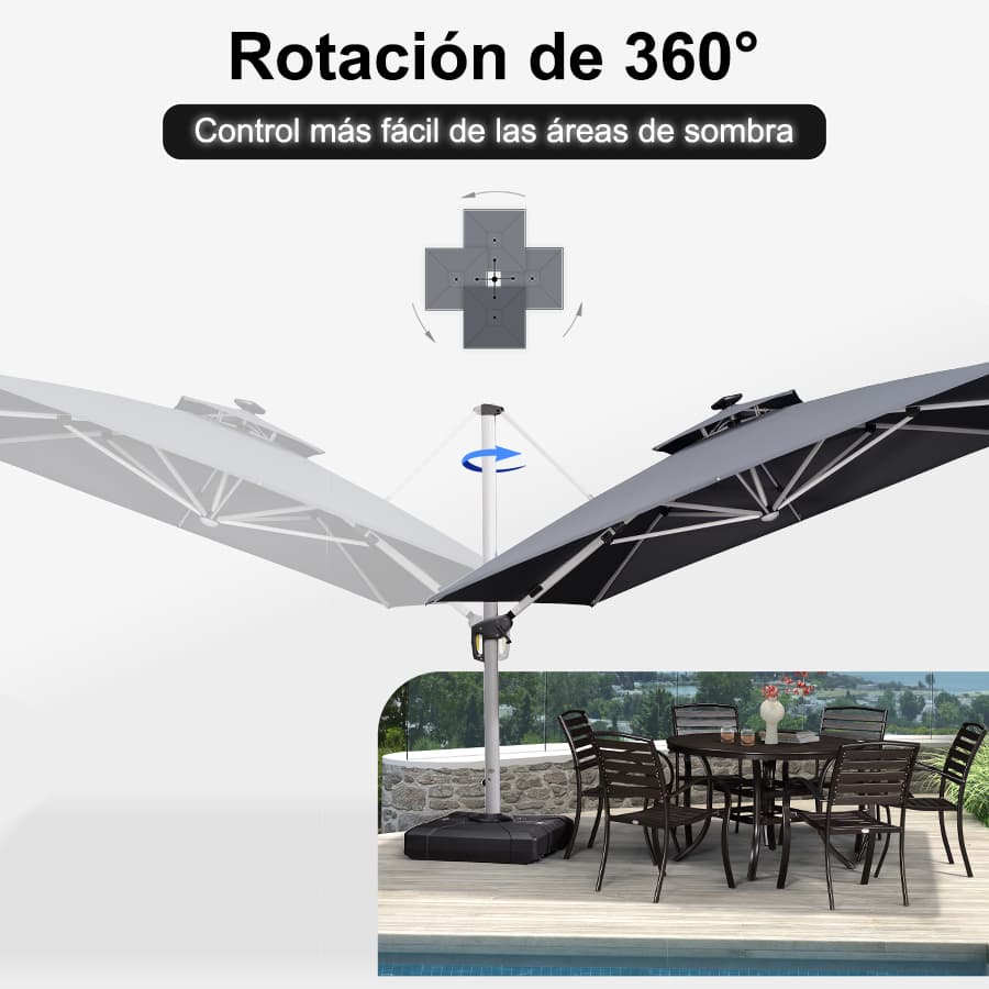 PURPLE LEAF Sombrilla rectangular de doble techo de aluminio con luces LED, ideal para balcón y jardín