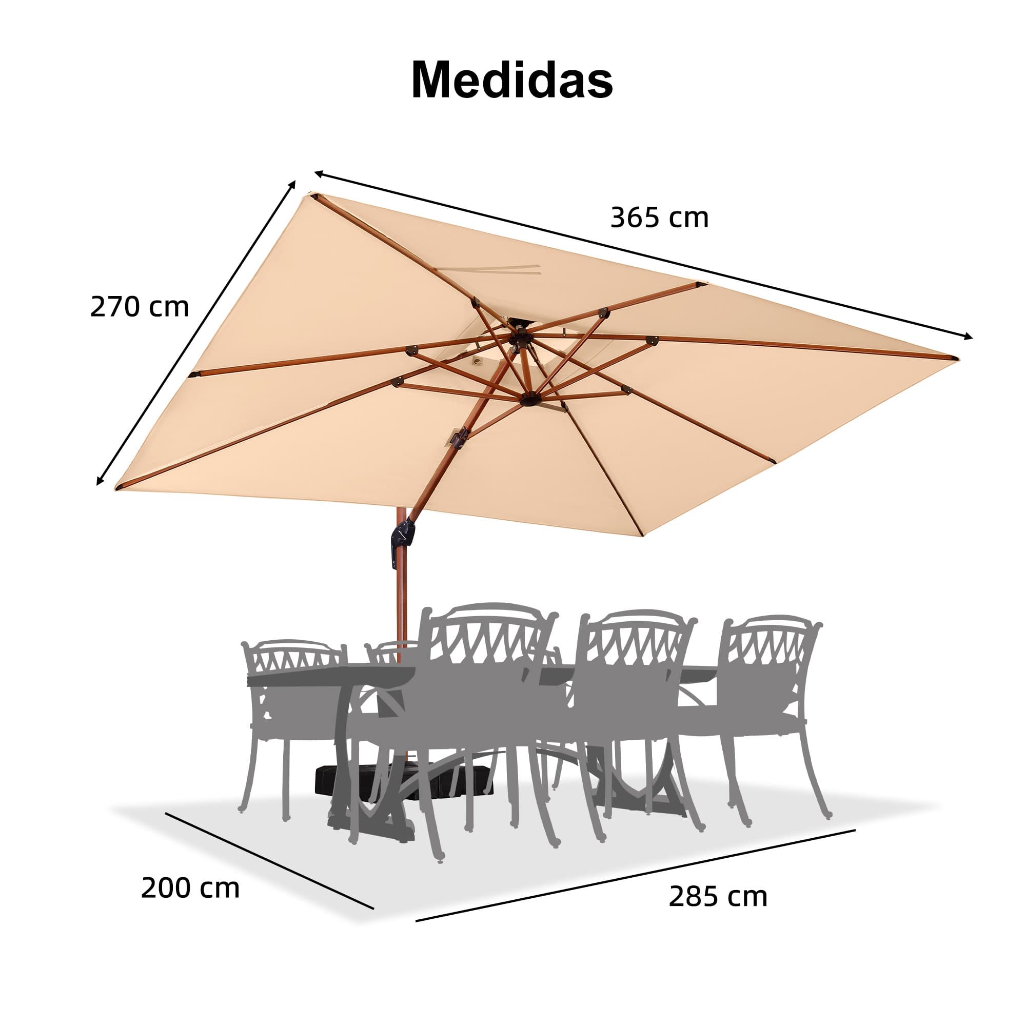 PURPLE LEAF Sombrilla de jardín cuadrada de aluminio con doble techo y acabado en madera