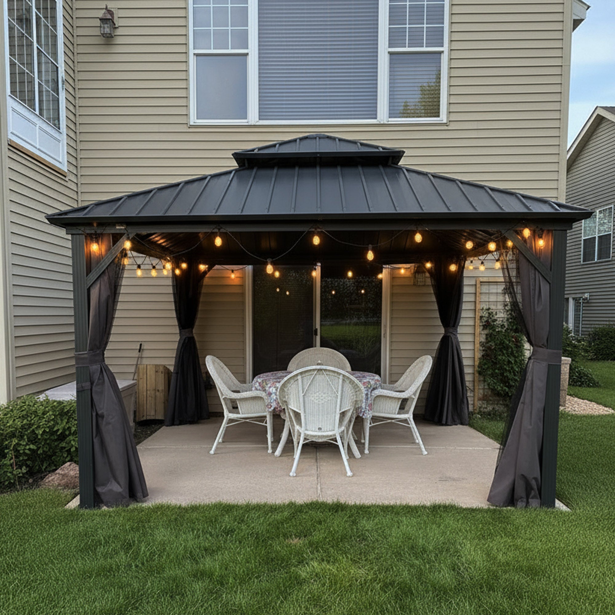 Purple Leaf Cenador de Jardín Estándar Gris, Pérgola de Aluminio con Techo de Acero Galvanizado y Luces de Cadena Con Luz Cálida